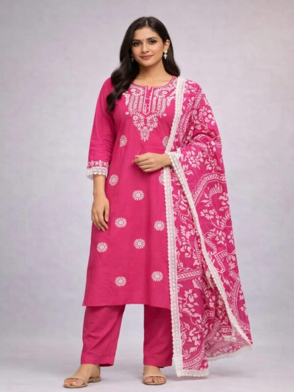 SD4U Lucknowi Chikankari Pant Set With Printed Dupatta